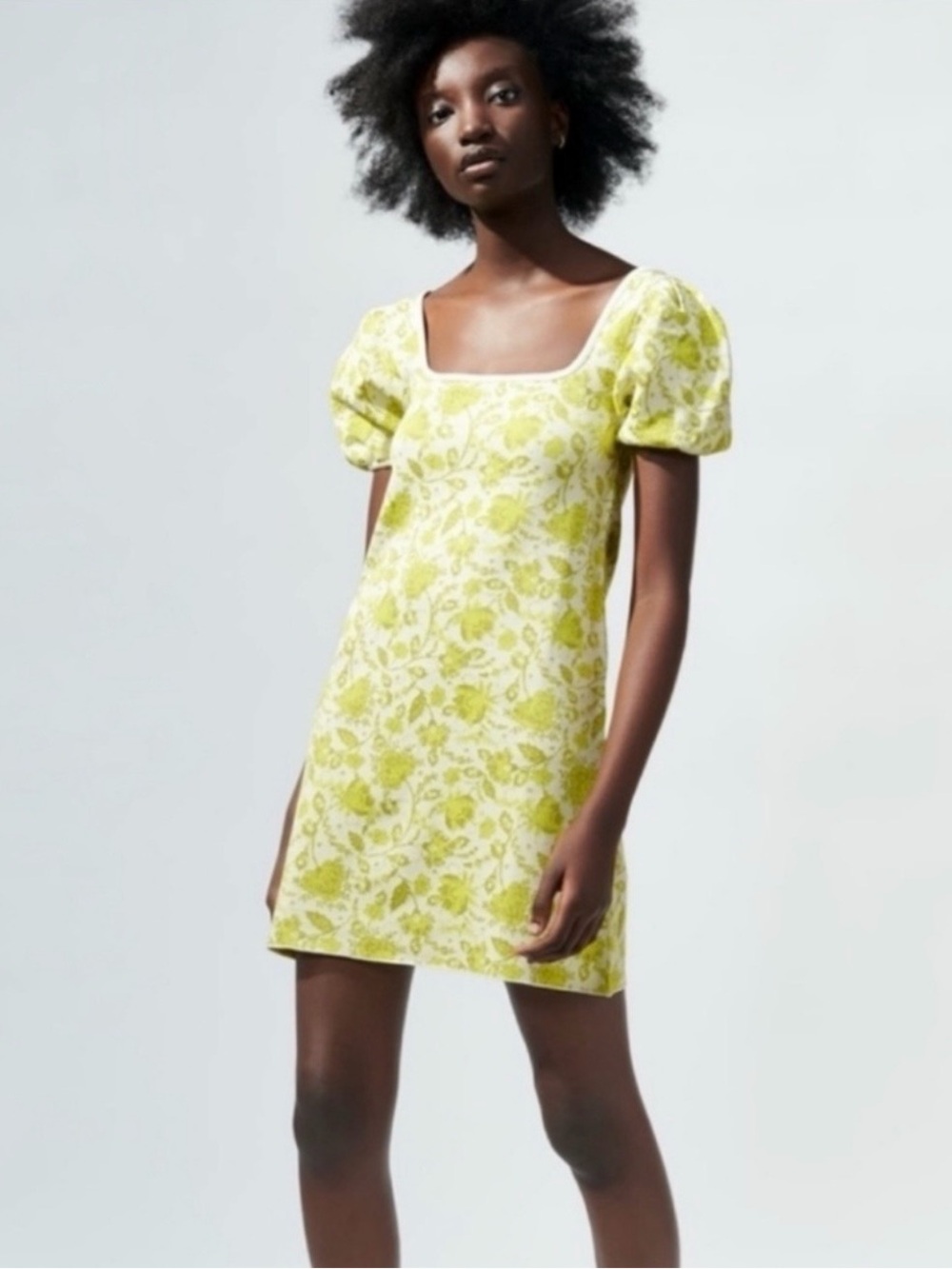 Zara Lemon Floral Puff Sleeve Square-Neck Mini Dress
